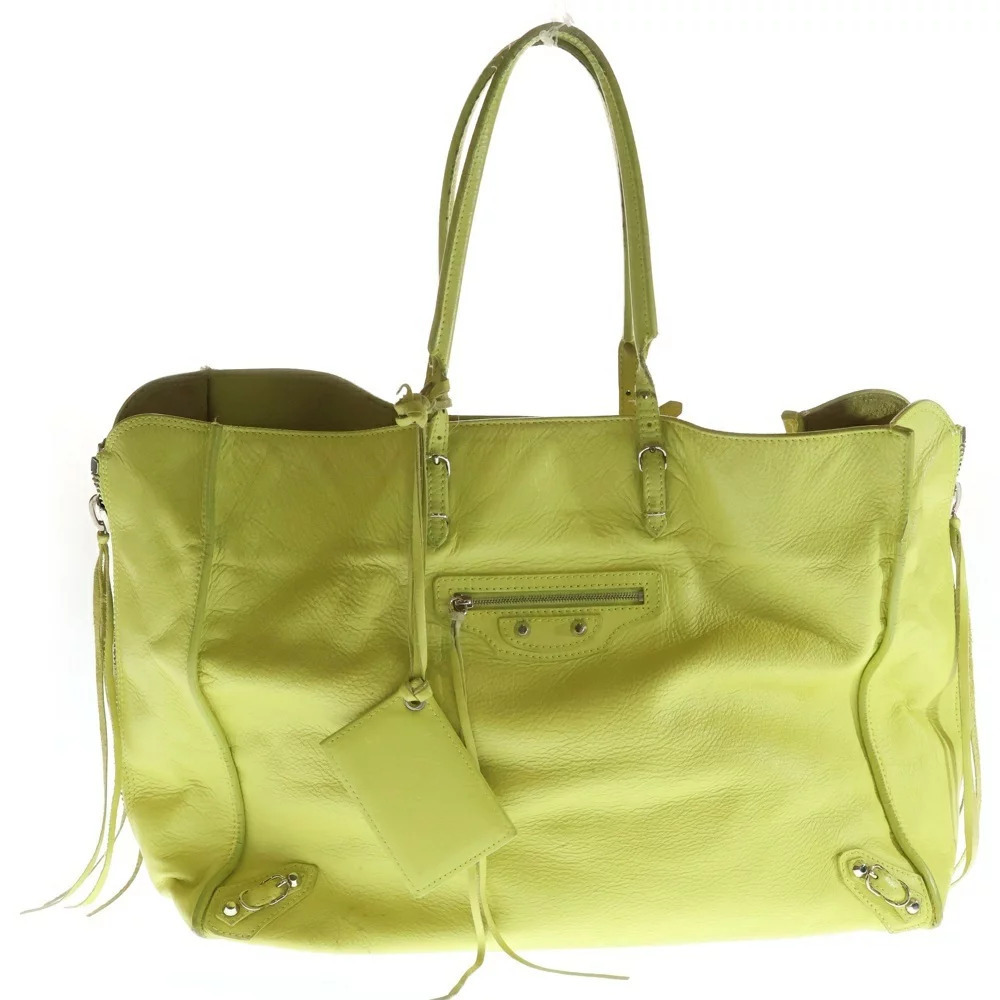 BALENCIAGA The Paper Tote Bag Handbag Neon Yellow Leather